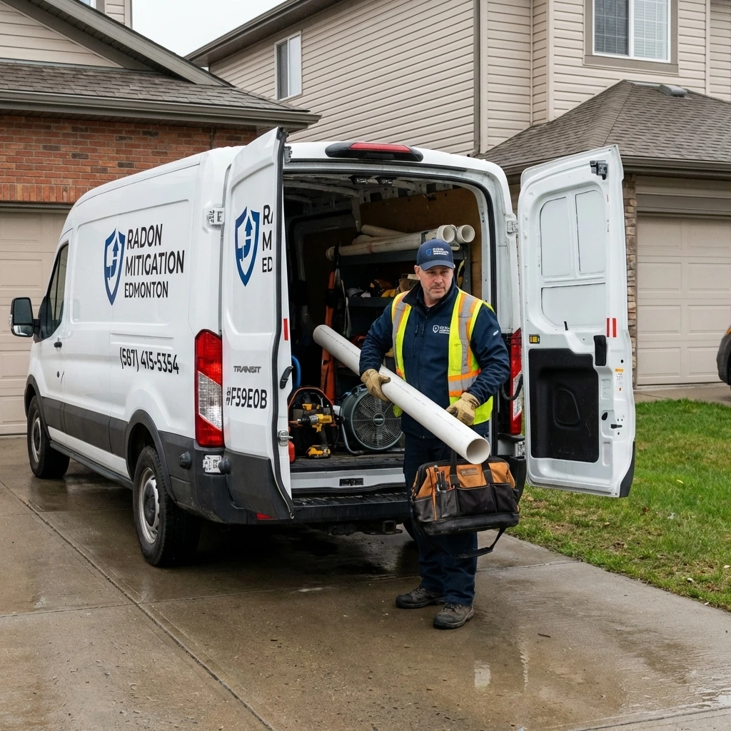 Radon Mitigation Edmonton service vehicle arriving at job site